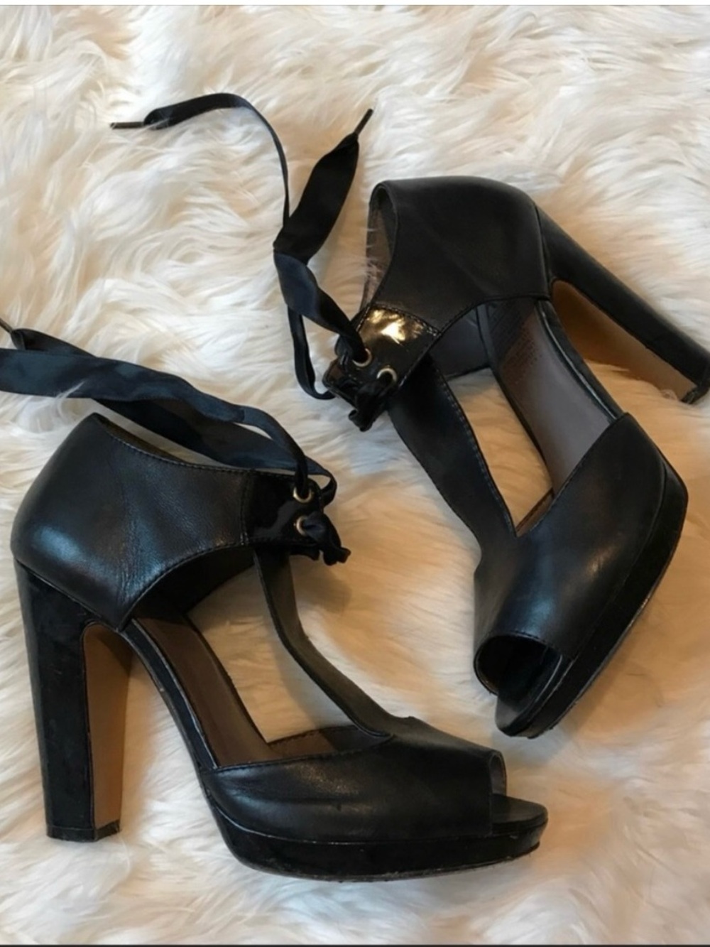 MRKT Black Ribbon-Tie Peep Toe High Heels